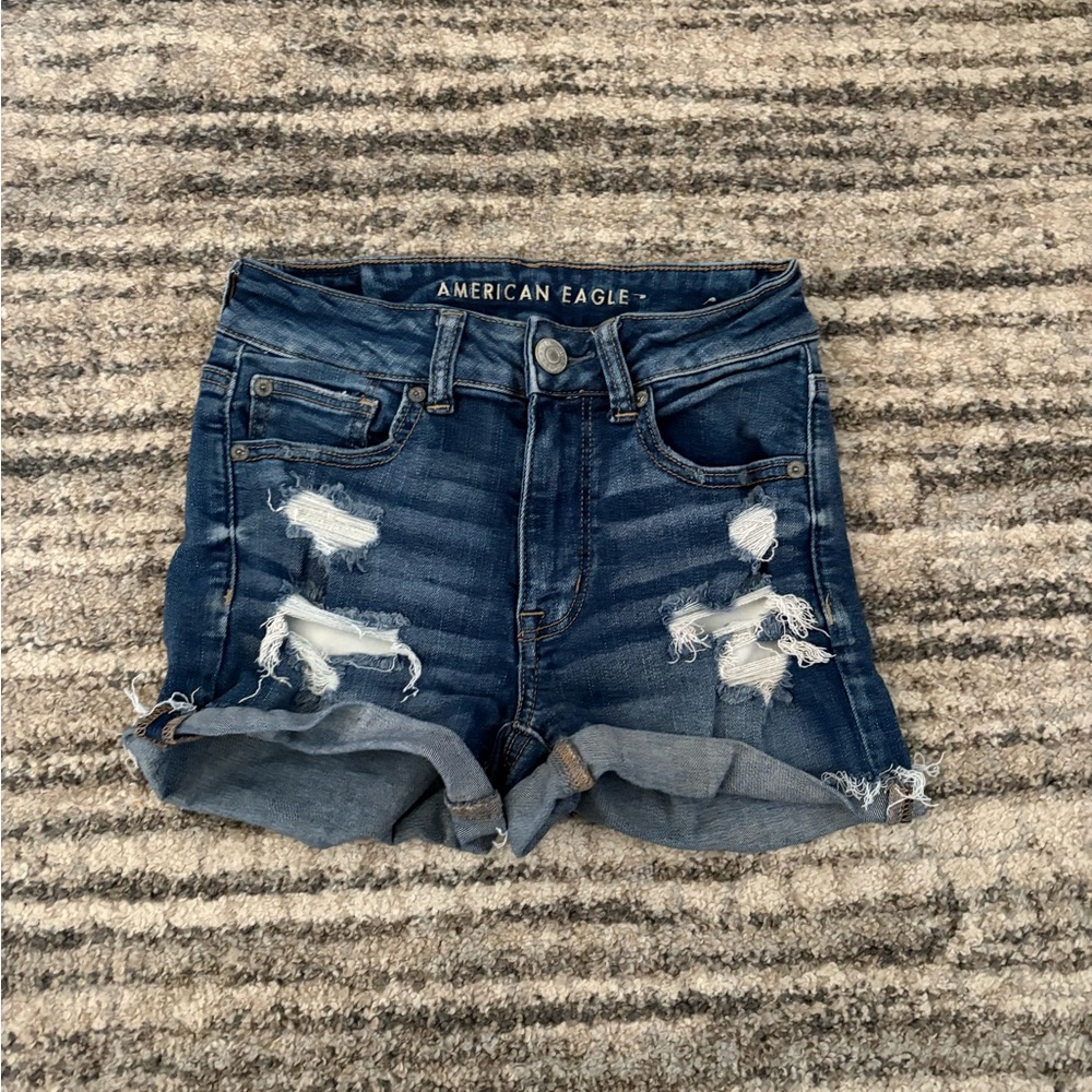 American Eagle Outfitters Women's Dark Blue Ripped Jean Shorts